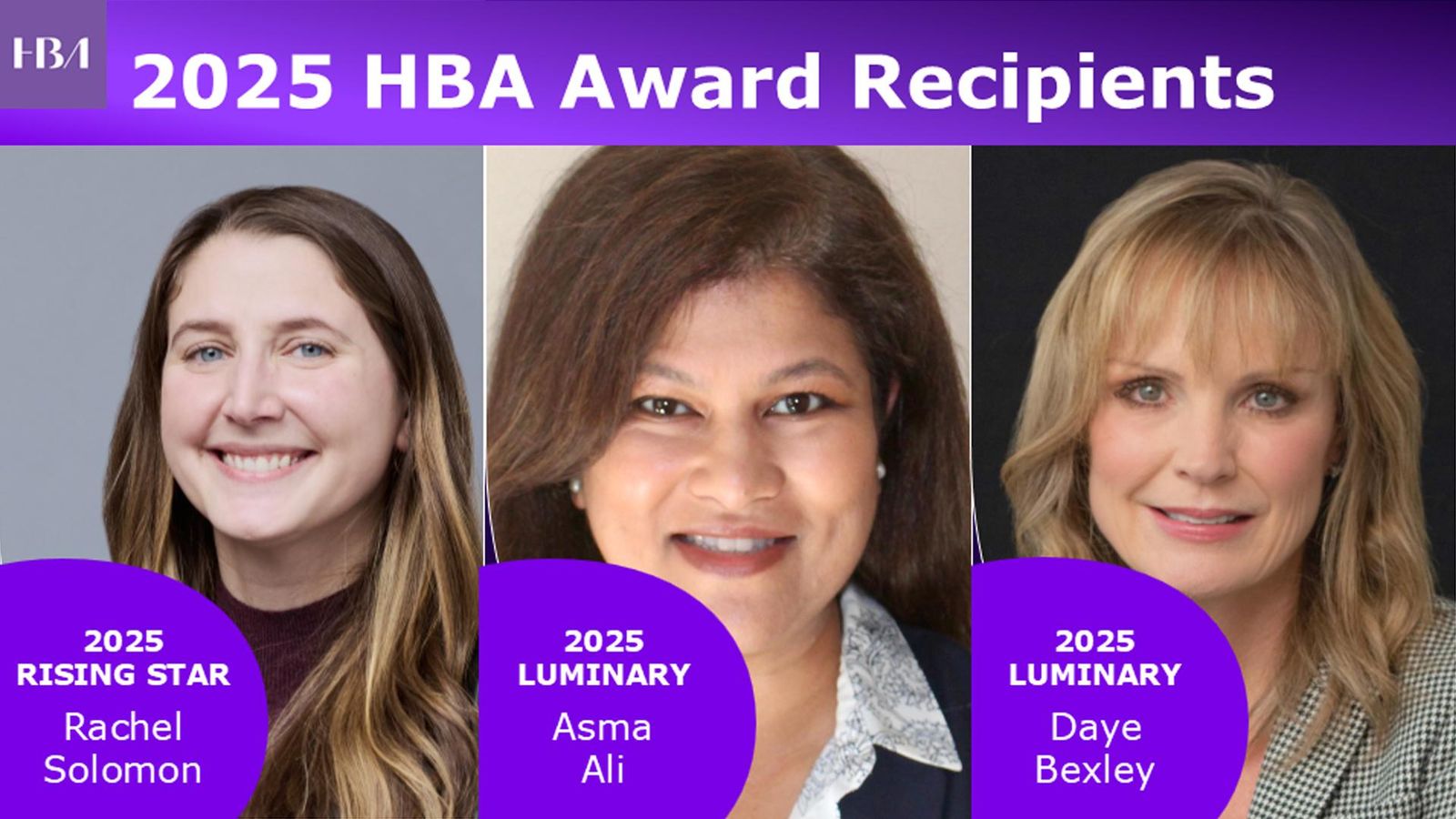 Headshots of the three Sanofi Healthcare Businesswomen’s Association Luminaries and Rising Stars – Asma Ali, Daye Bexley, and Rachel Solomon