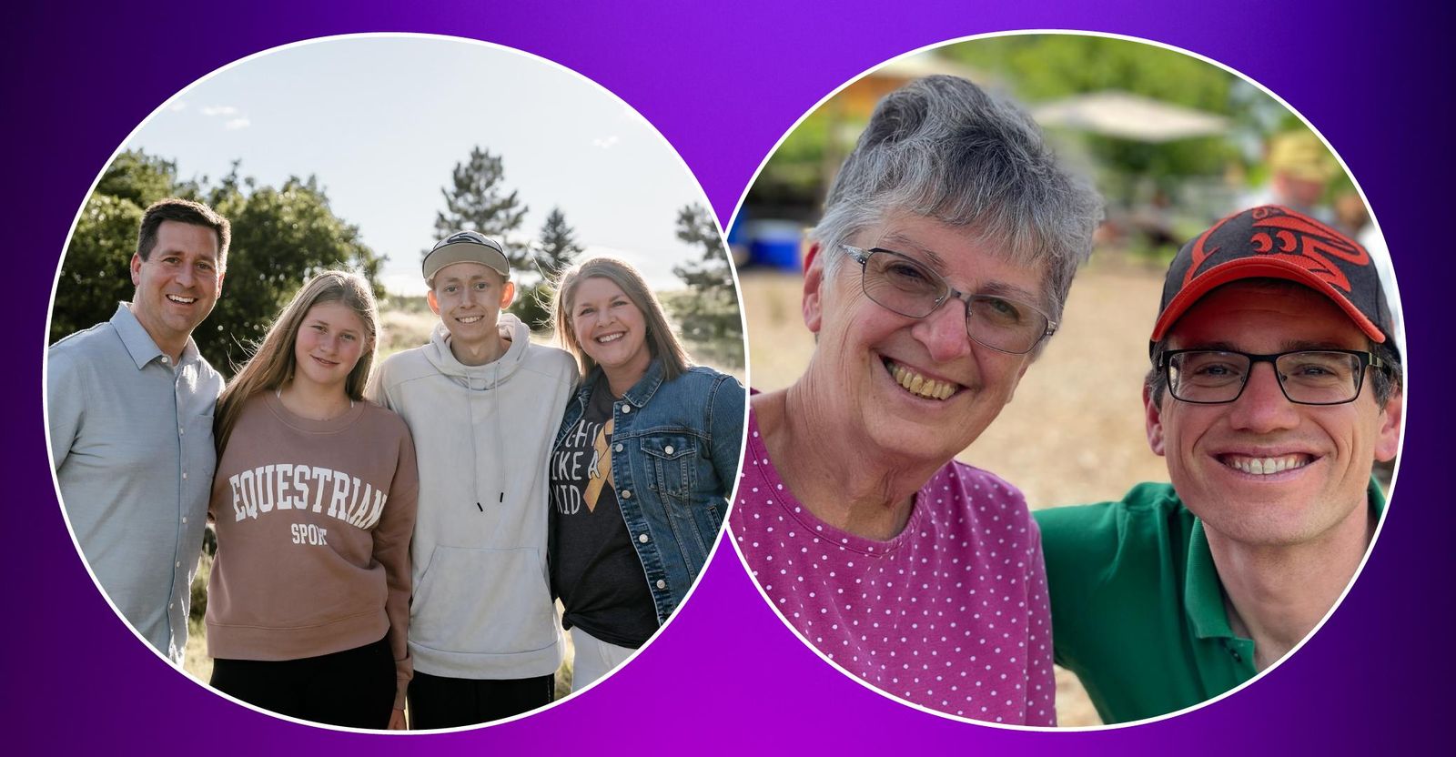 Purple gradient background with an image of Ryan with his family and Scott with his mother.