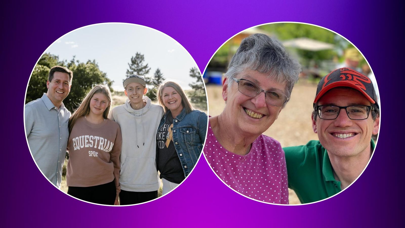 Purple gradient background with an image of Ryan with his family and Scott with his mother.