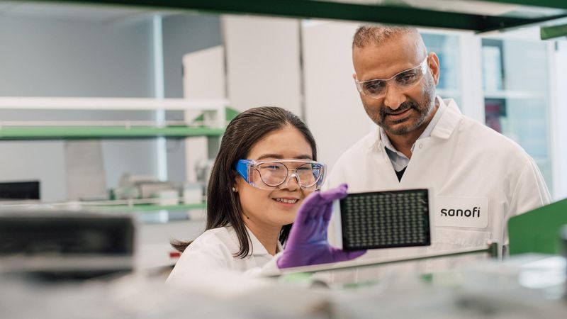 Image of two Sanofi scientists standing in the lab smiling while conducting research.