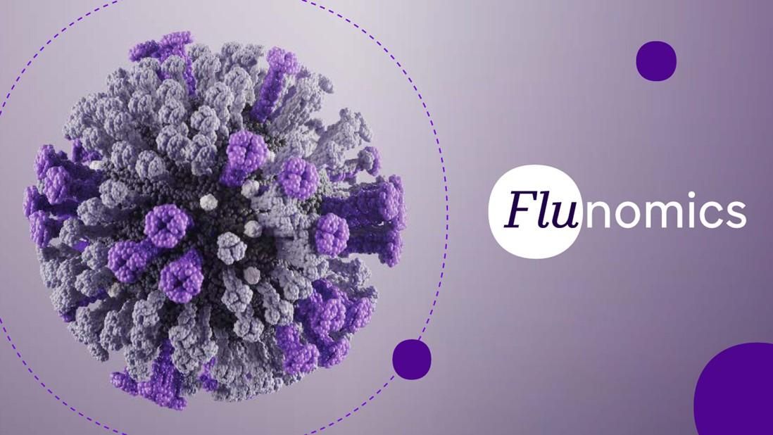 3D rendering of a purple and gray influenza virus particle on a gradient purple background, with the word ‘Flunomics’ in white and purple text to the right
