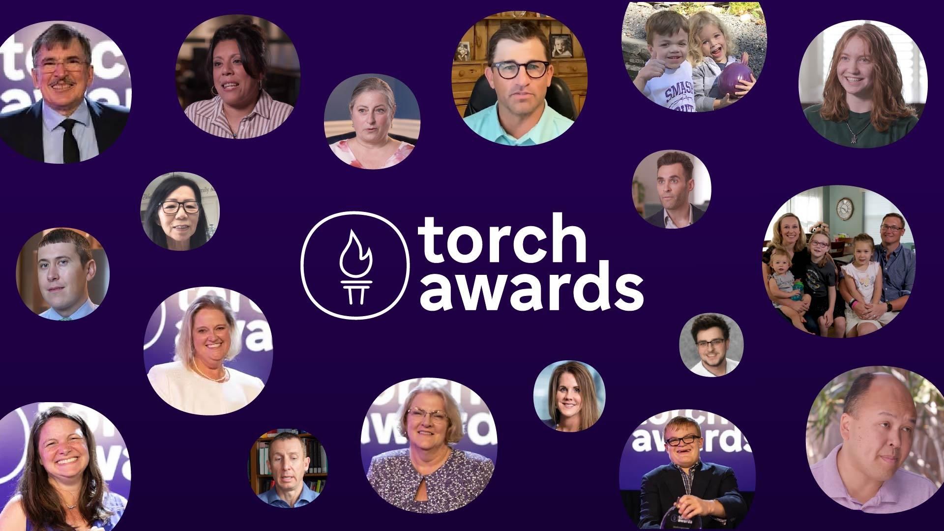 Collage of past TORCH Award winners, featuring event and candid photos that highlight their impact and community involvement.