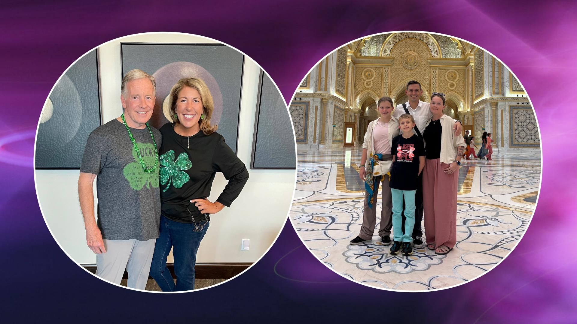Two circular photos on a purple background: left, Mary Dugan, 2026 Caregiver of the Year, smiling with her brother, both wearing matching green shamrock t-shirts; right, Bart Seider, 2026 Working Parent of the Year, smiling with his wife and two children.