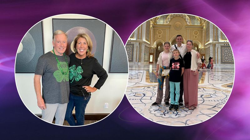 Two circular photos on a purple background: left, Mary Dugan, 2026 Caregiver of the Year, smiling with her brother, both wearing matching green shamrock t-shirts; right, Bart Seider, 2026 Working Parent of the Year, smiling with his wife and two children.