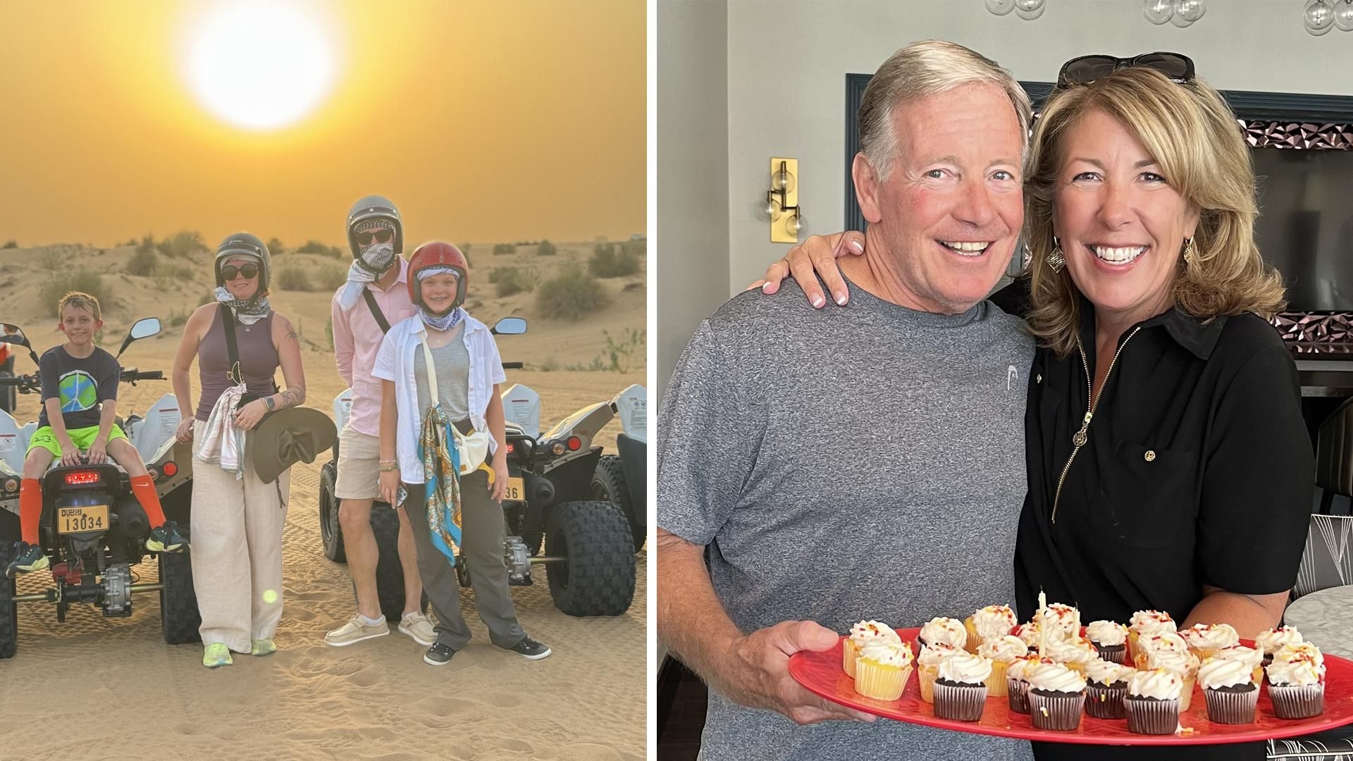 Two-photo collage. Left: Bart Seider and his family stand with ATVs in a desert at sunset in Dubai, all wearing helmets and sunglasses. Right: Mary Dugan and her brother smile together, holding a tray of decorated cupcakes.