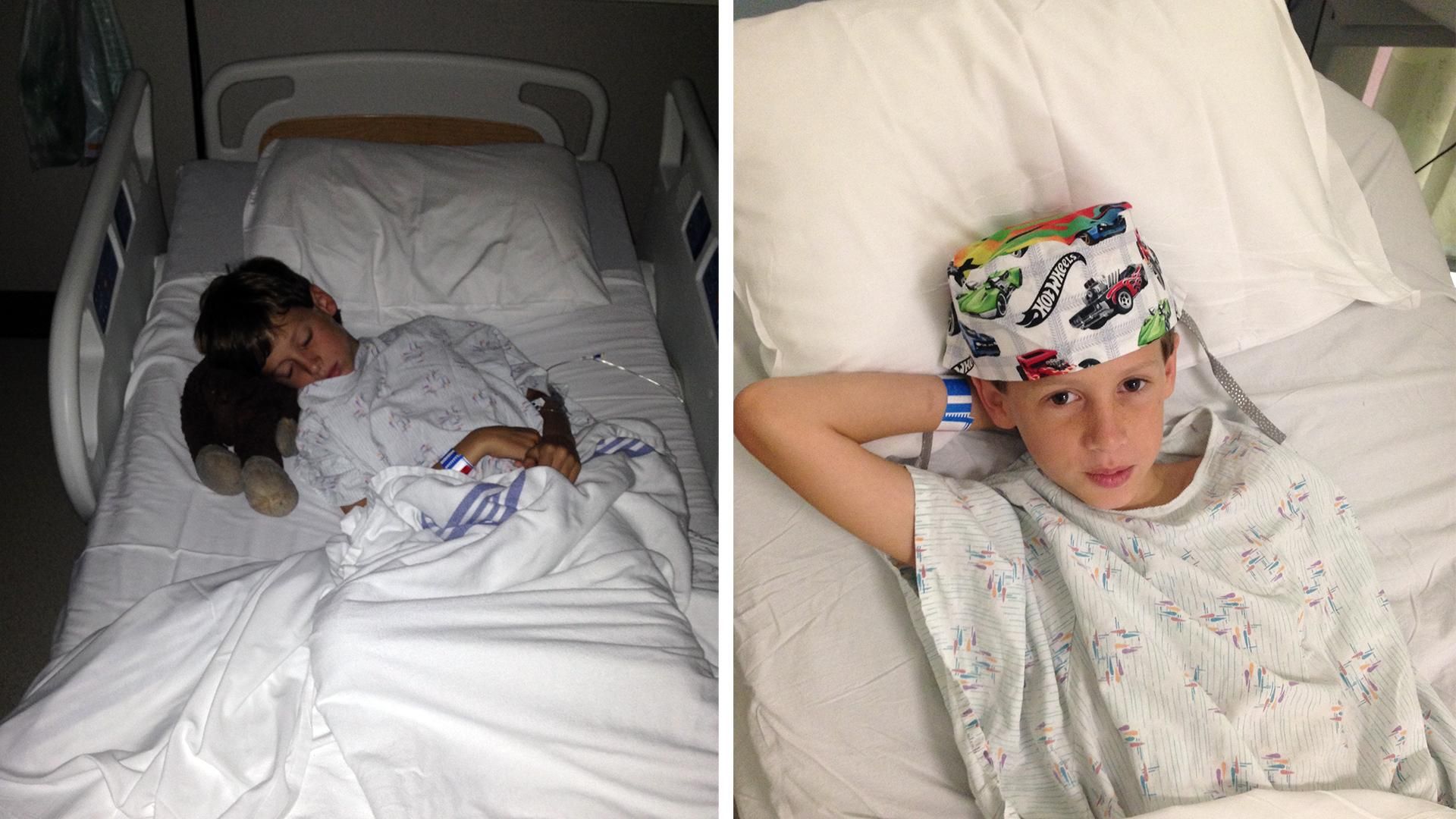 A two-photo collage showing a young boy during a hospital stay: on the left, he sleeps peacefully in a hospital bed with an IV line and stuffed toy beside him; on the right, he sits awake and alert in his hospital gown wearing a colorful car-print cap and hospital ID band.