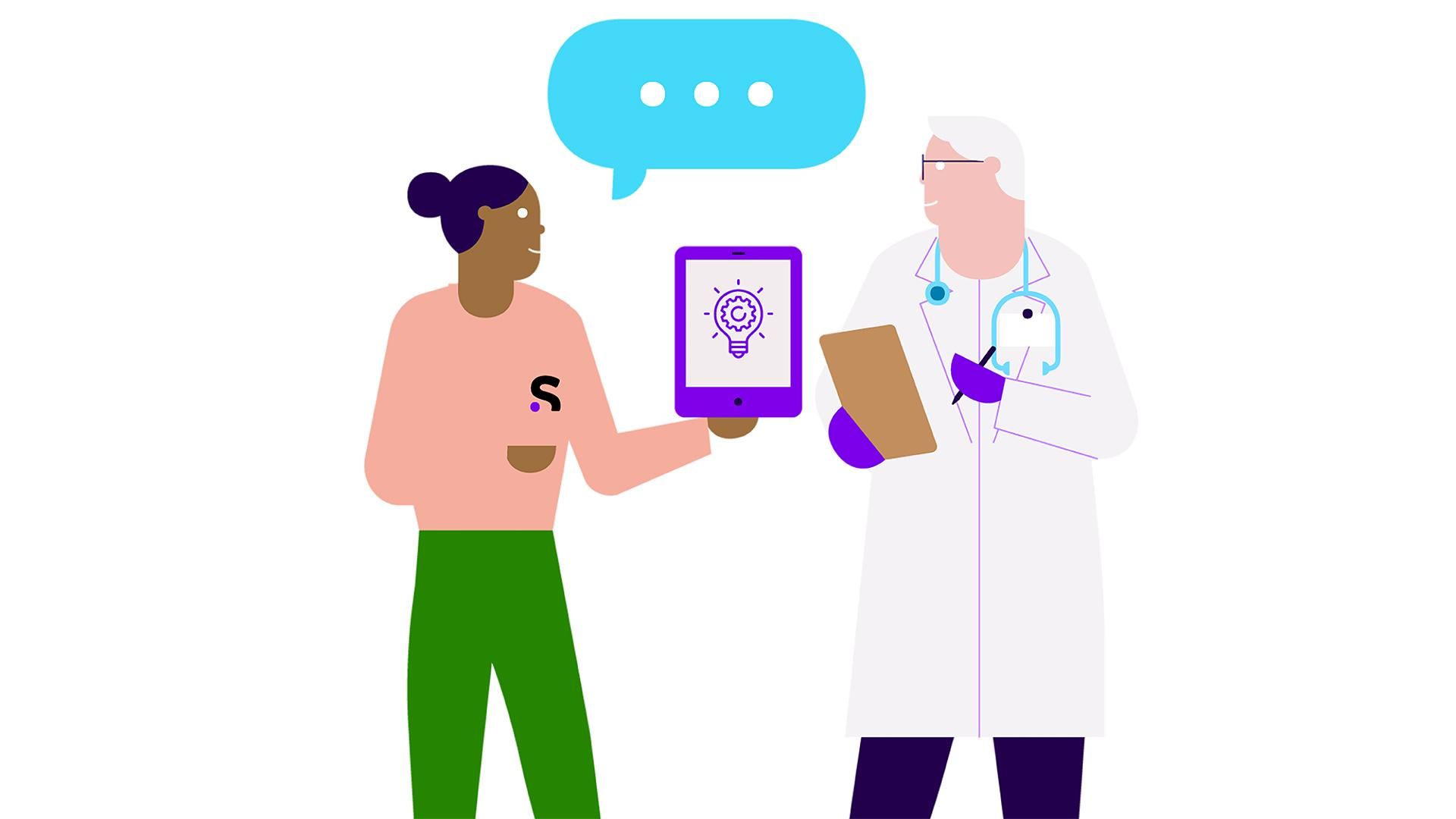 Patient and healthcare professional reviewing a digital tablet during a conversation about care and innovation. Patient wearing a sweater with Sanofi logo.