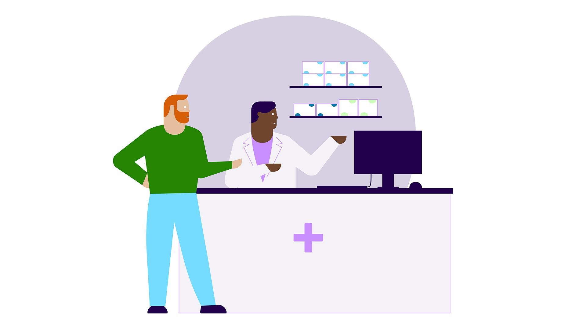 Patient at pharmacy counter speaking to pharmacist about prescribed medicines.