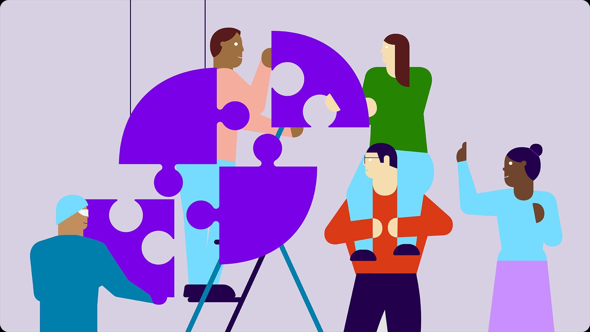 A group of people, including one health professional, work together to assemble a large puzzle.