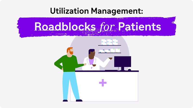 A patient speaks to a pharmacist at the pharmacy counter. A title reads: Utilization Management: Roadblocks for Patients.