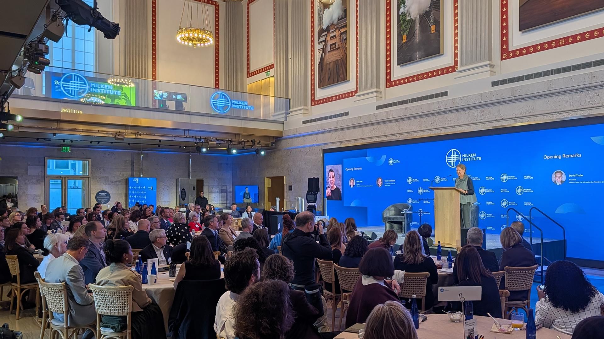 A leading patient advocate delivers remarks on stage at Milken Institute Patient Advocacy Forum as patient advocacy leaders and Sanofi participants listen from the audience in Washington, D.C.