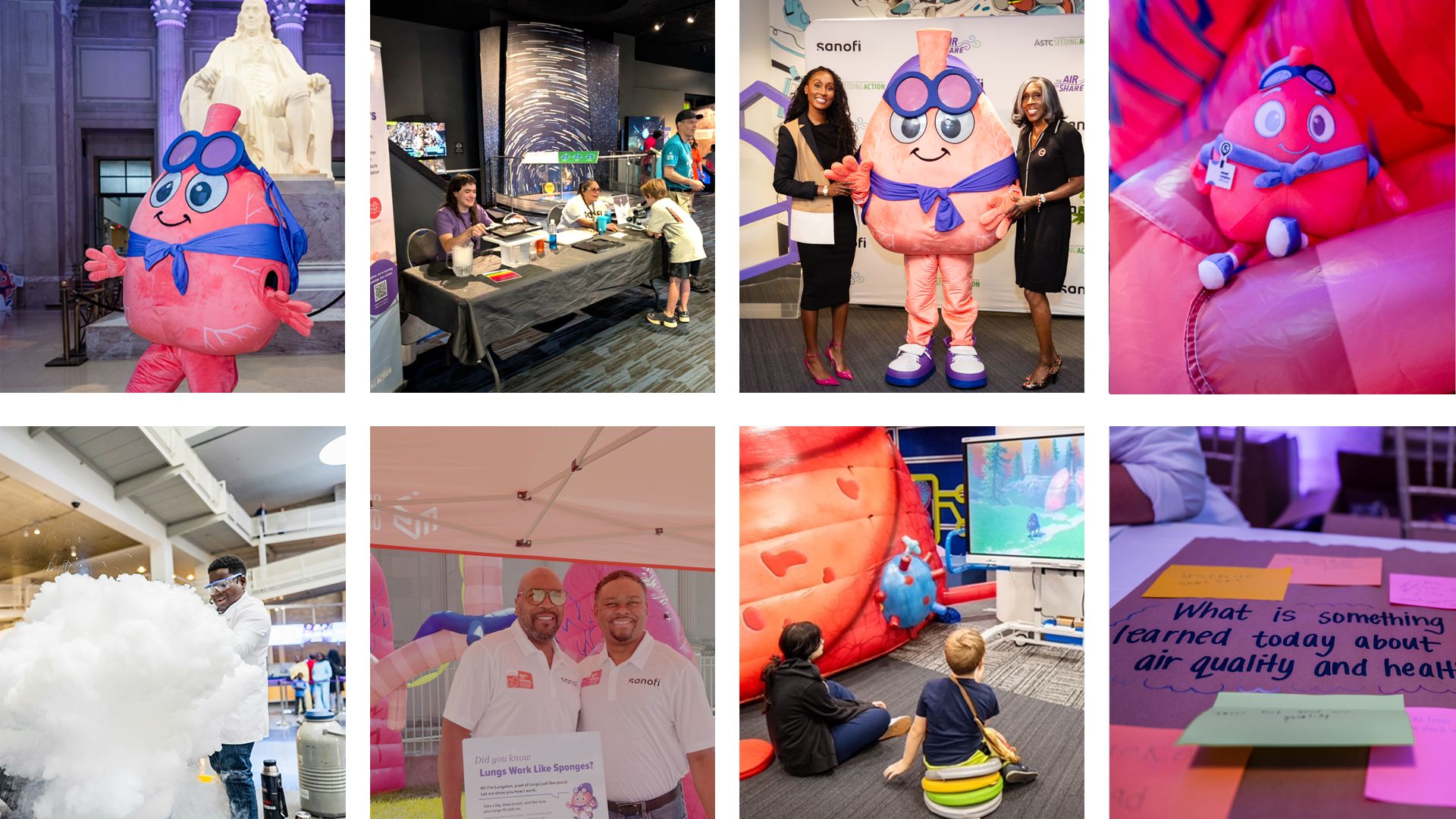 Collage of photos from community events at science centers and museums across the country, showing families and students participating in air quality and STEM activities: a pink lung mascot with museum visitors, kids exploring an interactive inflatable lung exhibit, a scientist demonstrating a vapor experiment, educators holding a sign reading 'Did you know lungs work like sponges?', and a handwritten note about air quality and health.
