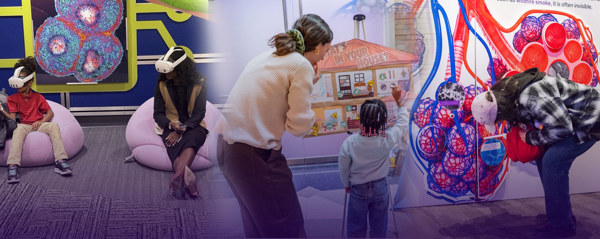 Collage of photos showing museum visitors, including children and families, taking part in hands-on The Air We Share exhibits at the Museum of Science in Boston, the Franklin Institute, and Liberty Science Center.