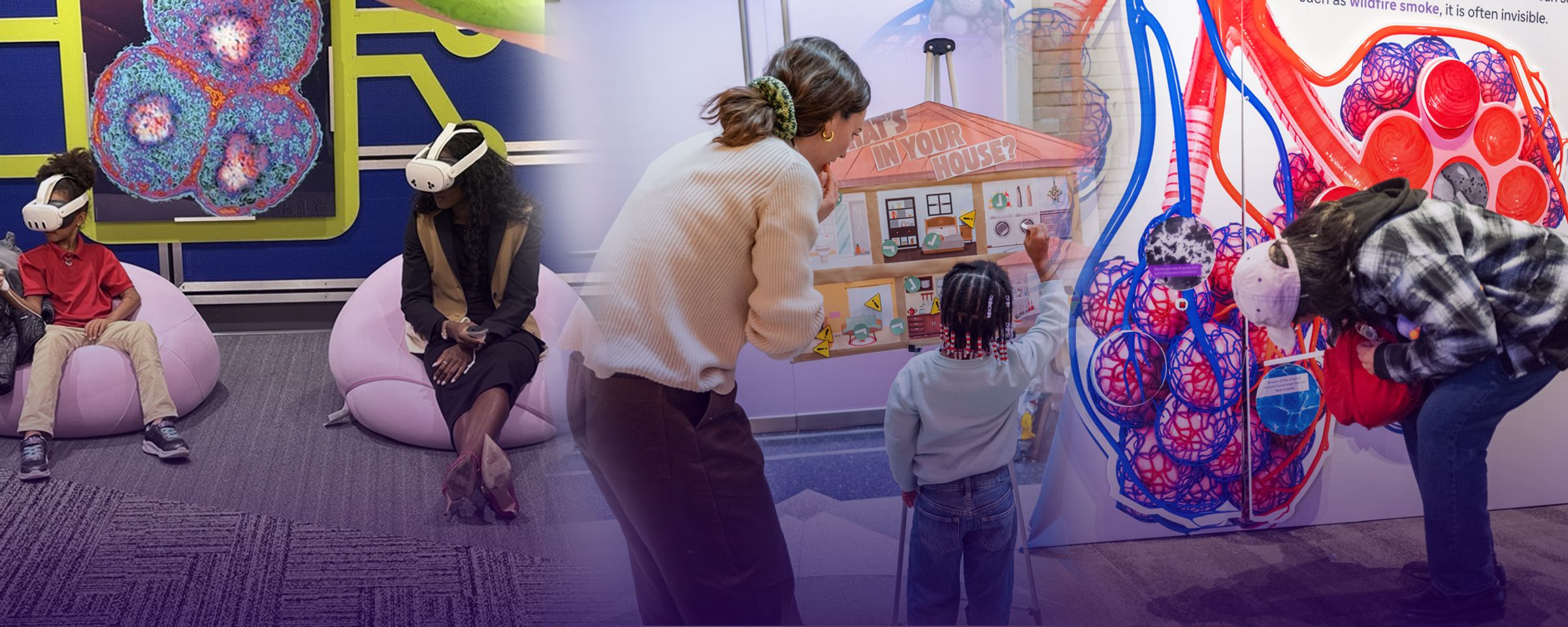 Collage of photos showing museum visitors, including children and families, taking part in hands-on The Air We Share exhibits at the Museum of Science in Boston, the Franklin Institute, and Liberty Science Center.