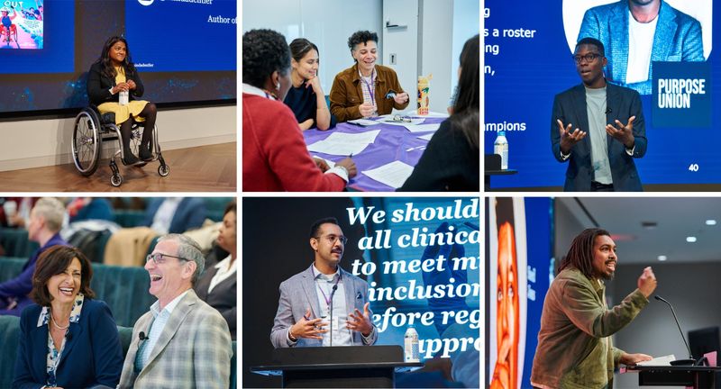 Collage of six photos from the TIE Summit showing diverse speakers presenting on stage and attendees engaged in discussions and networking activities.