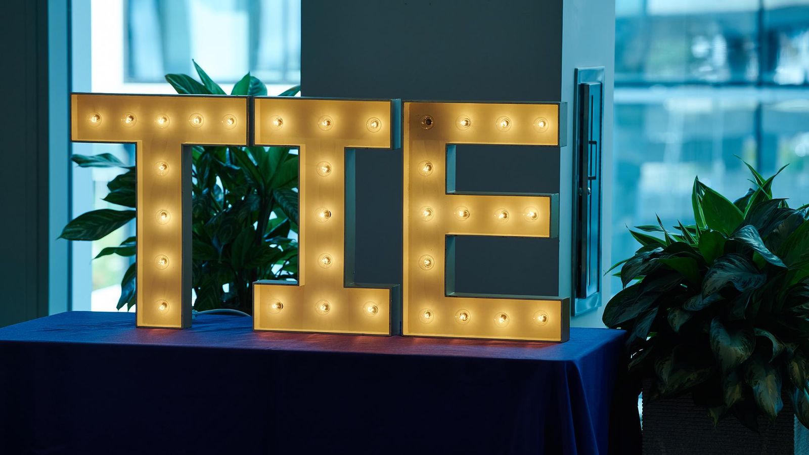 Letters that form the word TIE are lit while sitting on a table at the TIE Summit 2025 event