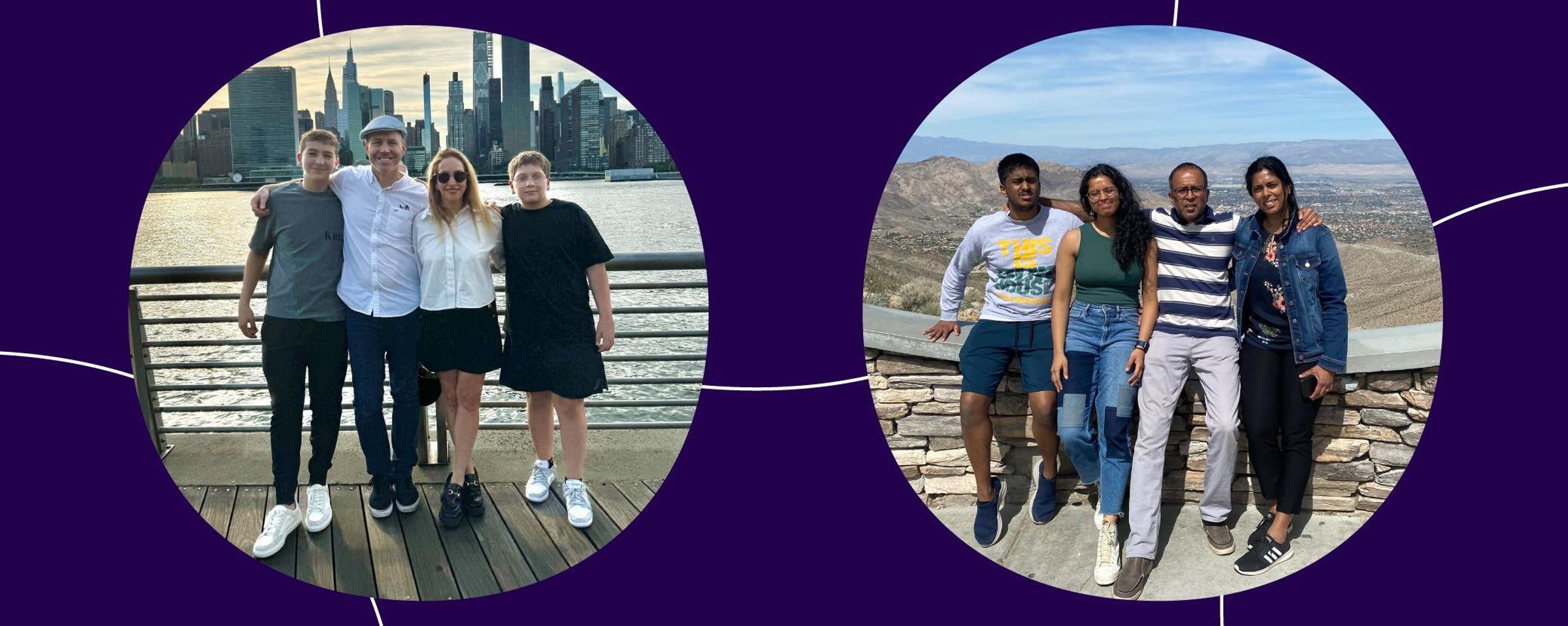 A two image collage against a purple background featuring Sanofi’s two Working Parents of the Year – Ayelet Mosaffi Hutson and Arthi Nagaraj – and their families posing in front of scenic backgrounds.