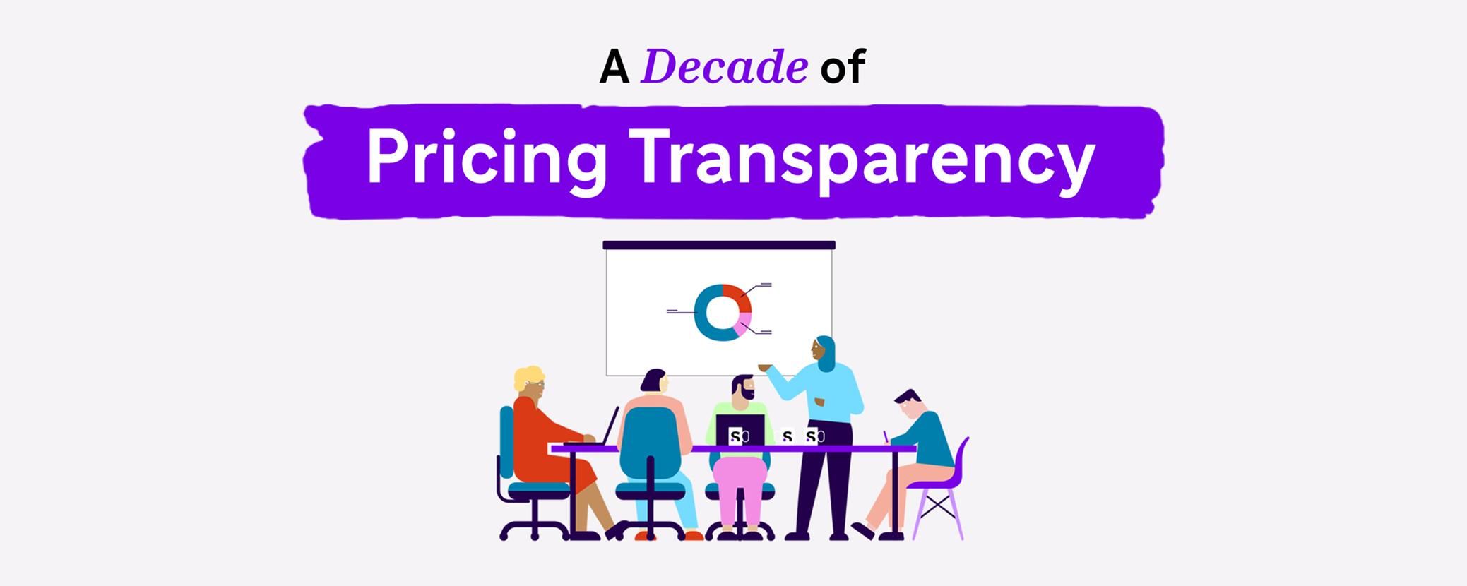 Illustration of a team meeting: five people sit around a conference table while one person stands and presents a pie chart on a screen.