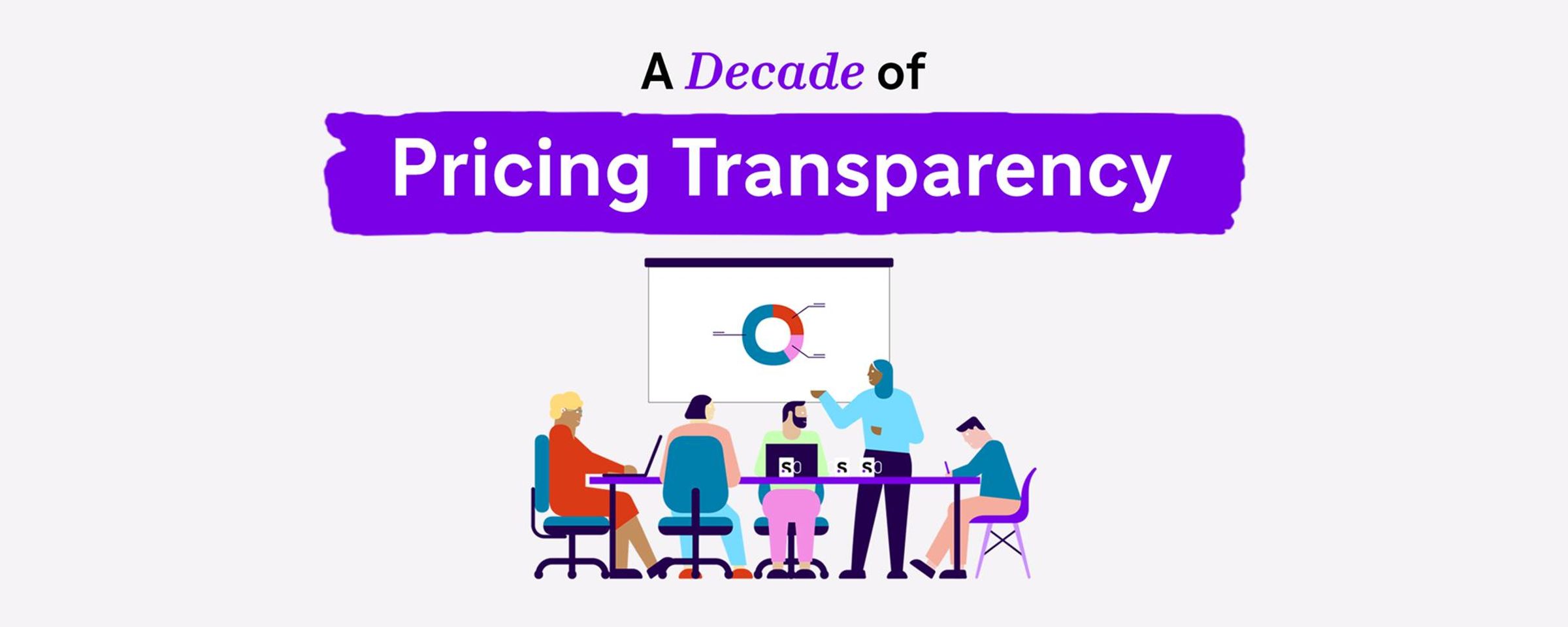 Illustration of a team meeting: five people sit around a conference table while one person stands and presents a pie chart on a screen.