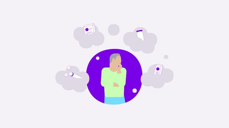 Illustration of a person in a green sweater against a purple background in a thoughtful pose surrounded by cloud-shaped thought bubbles containing medicine bottles, a medication package, and a medical device.