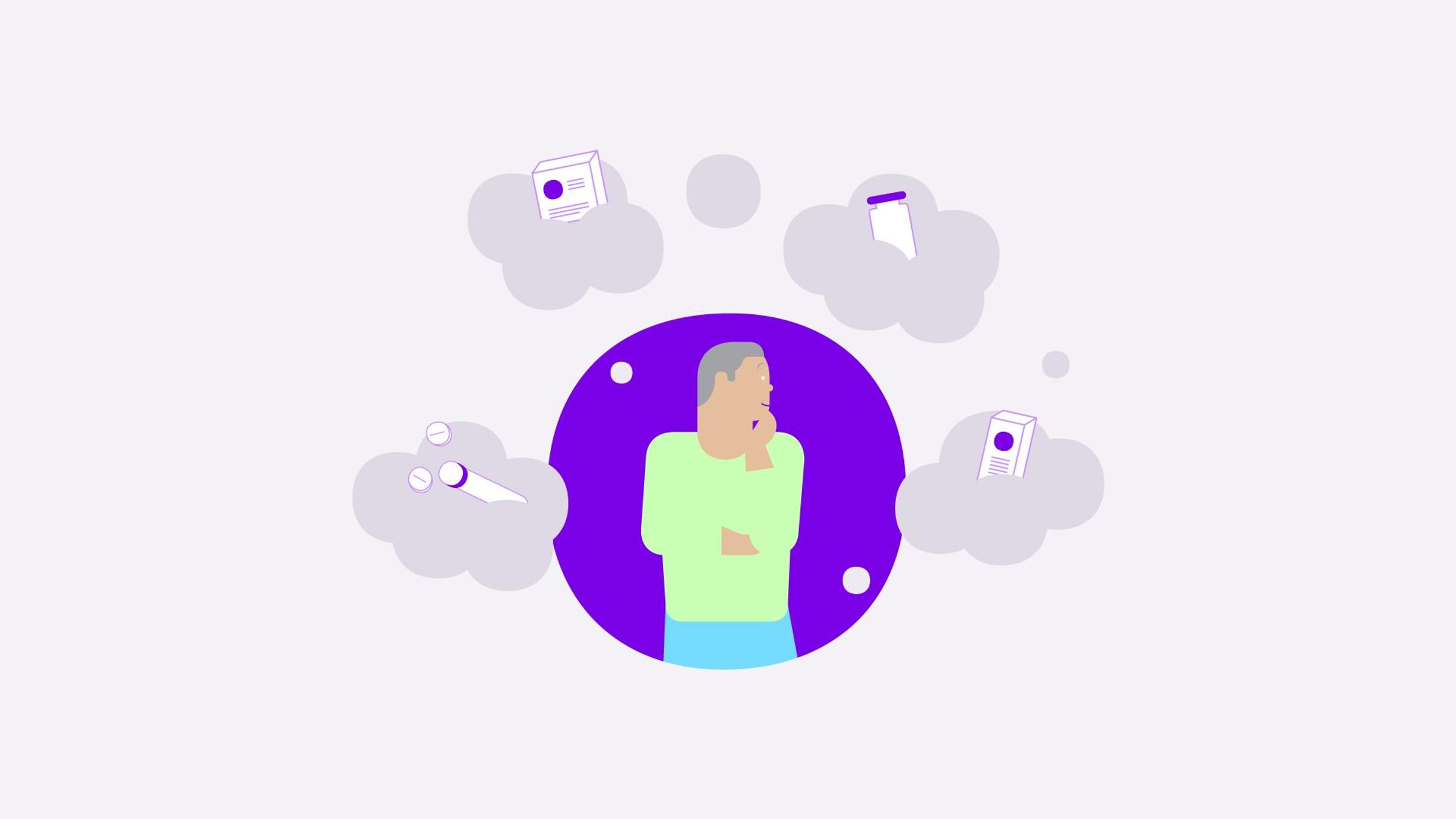 Illustration of a person in a green sweater against a purple background in a thoughtful pose surrounded by cloud-shaped thought bubbles containing medicine bottles, a medication package, and a medical device.