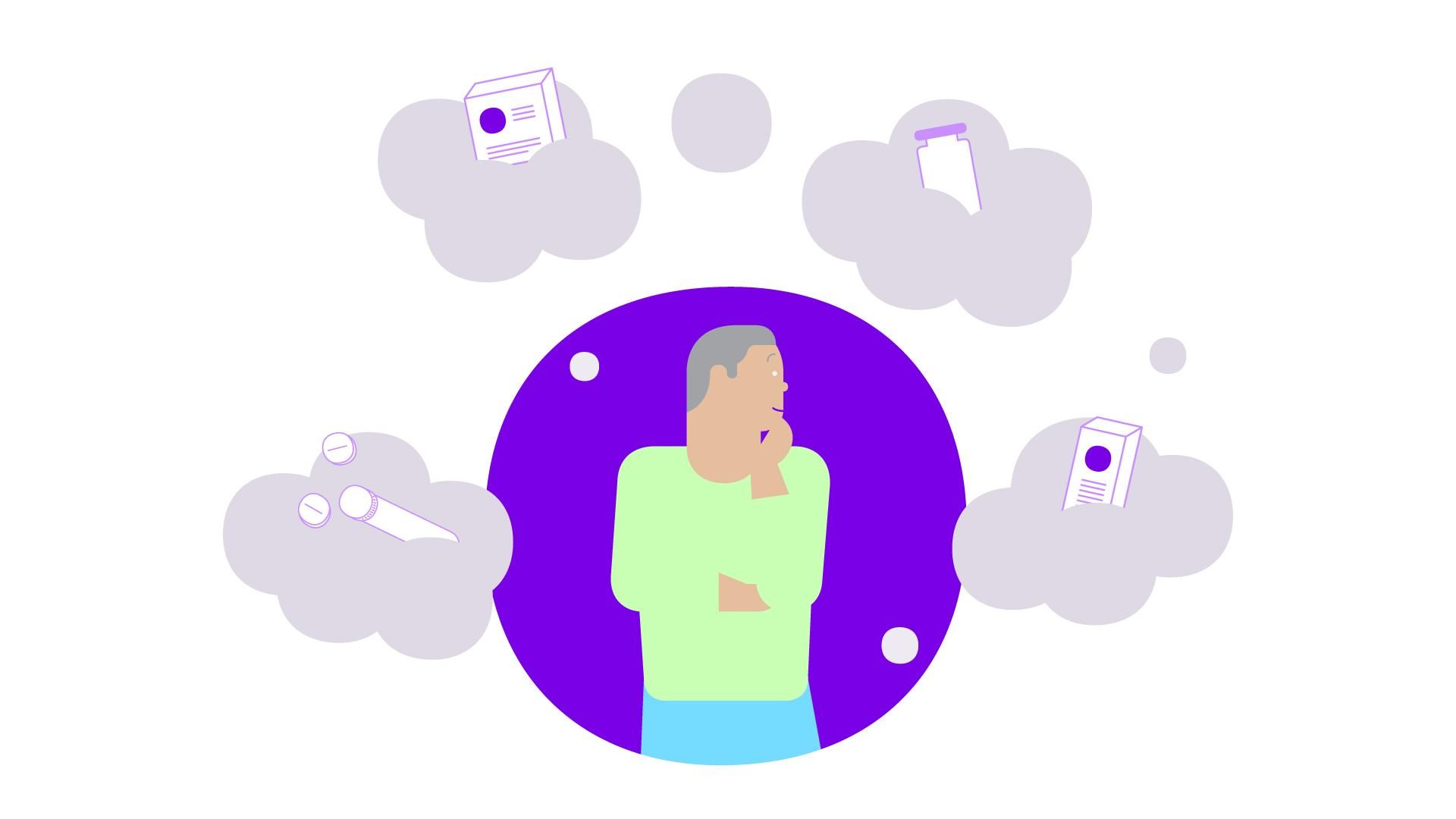 Illustration of a person in a green sweater against a purple background in a thoughtful pose surrounded by cloud-shaped thought bubbles containing medicine bottles, a medication package, and a medical device.