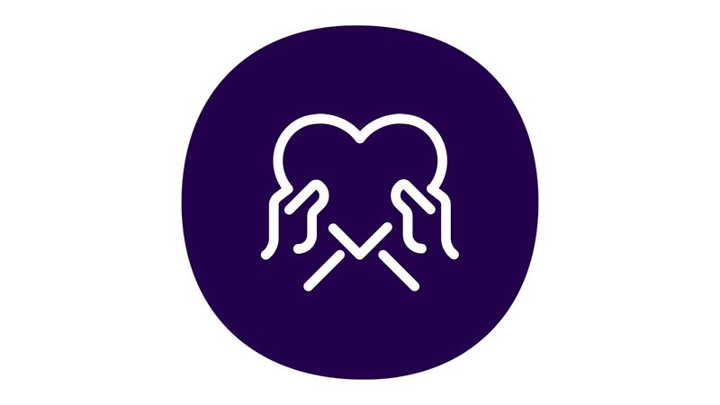 outline of a set of hands holding a heart on a dark purple circular graphic