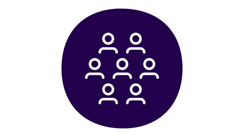 multiple stick figure heads and shoulders in a dark purple circular graphic