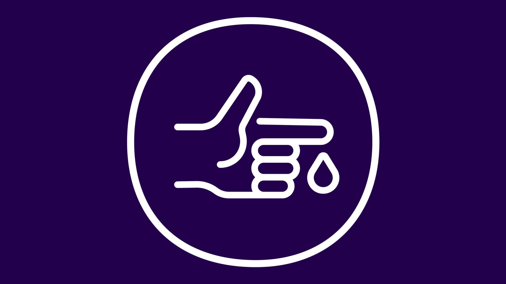 Icon of a hand with index finger pointing up next to a droplet, representing factor levels or blood testing in hemophilia care