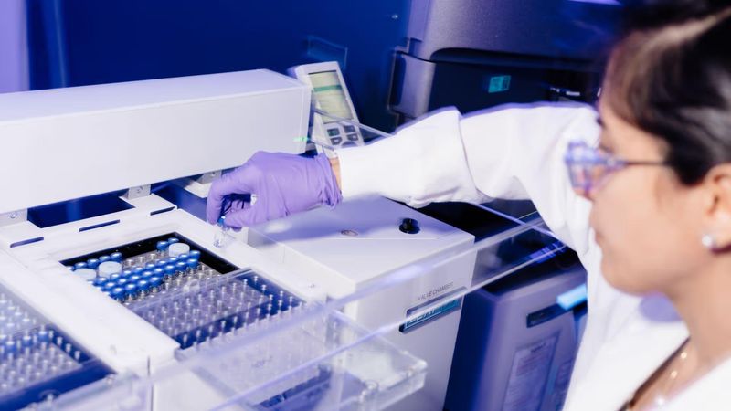 A technologist, wearing purple glove and safety glasses performing structural analysis by HDX-MS, handling samples with precision.