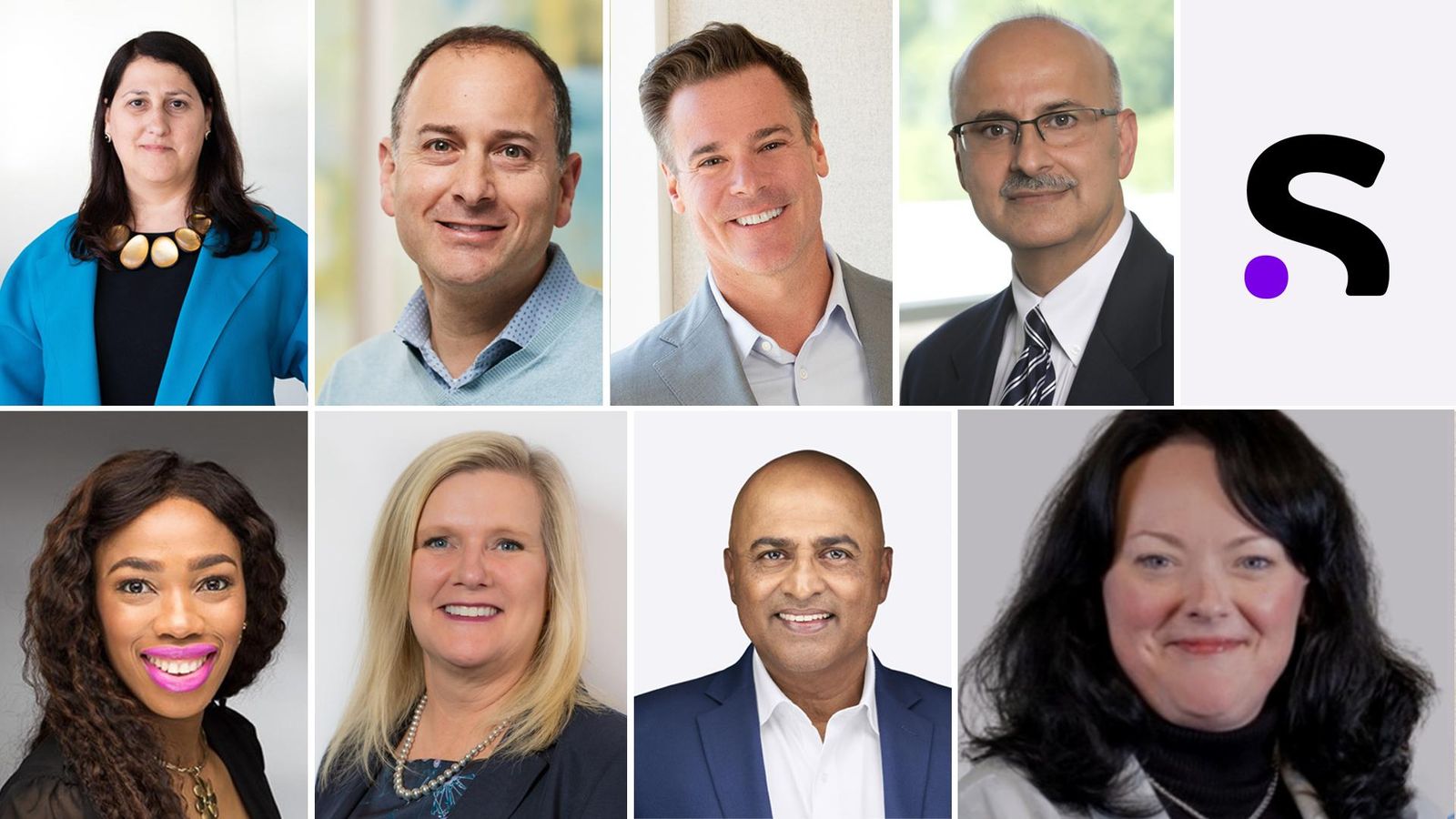 Eight headshots of sanofi leaders in collage format with the Sanofi S logo