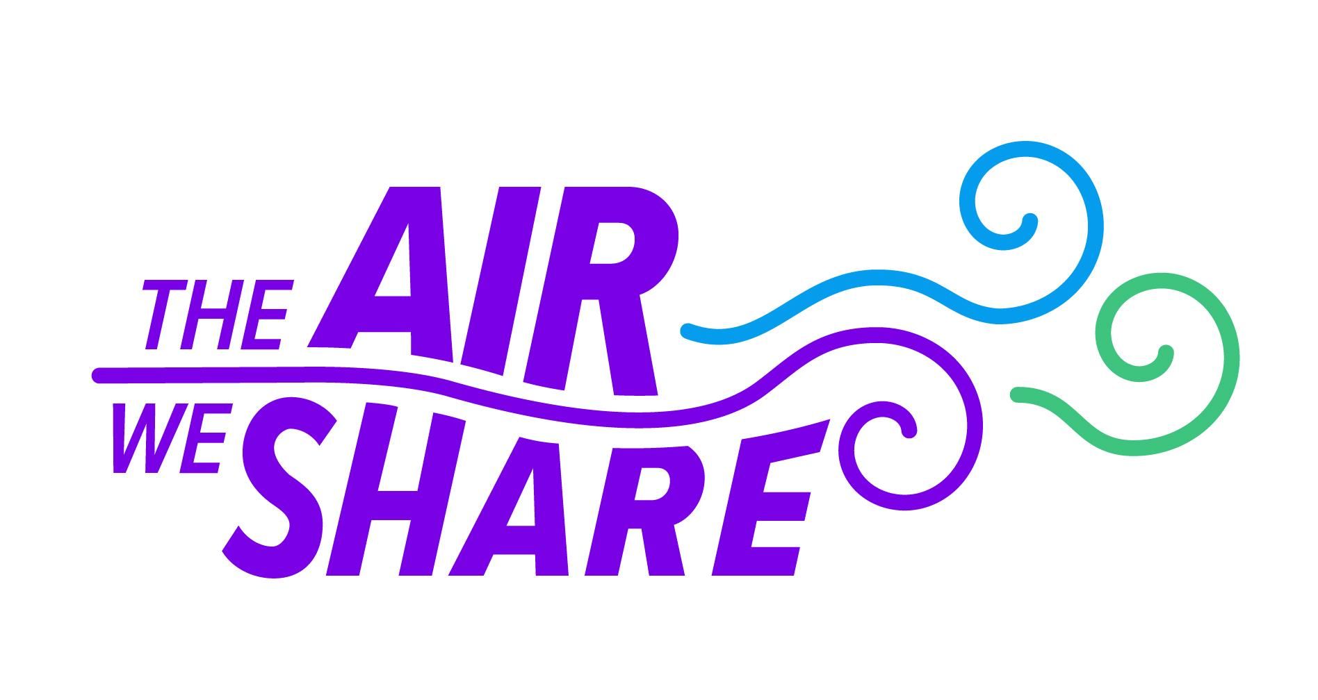 The Air We Share logo text in purple with green blue and purple swirls that look like air.