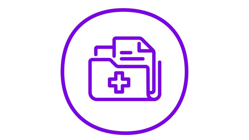 a purple outline of a folder with files sticking out of the top and a medical cross on the front surrounded by a purple outlined circle