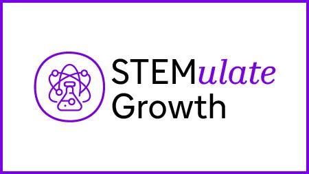 The logo for the Sanofi STEM Education Program features a purple atom icon with a flask at its center, alongside the phrase 'STEMulate Growth' with 'STEM' in black and 'ulate' in purple.