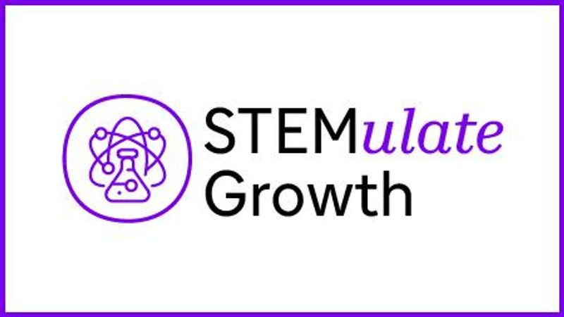 The logo for the Sanofi STEM Education Program features a purple atom icon with a flask at its center, alongside the phrase 'STEMulate Growth' with 'STEM' in black and 'ulate' in purple.