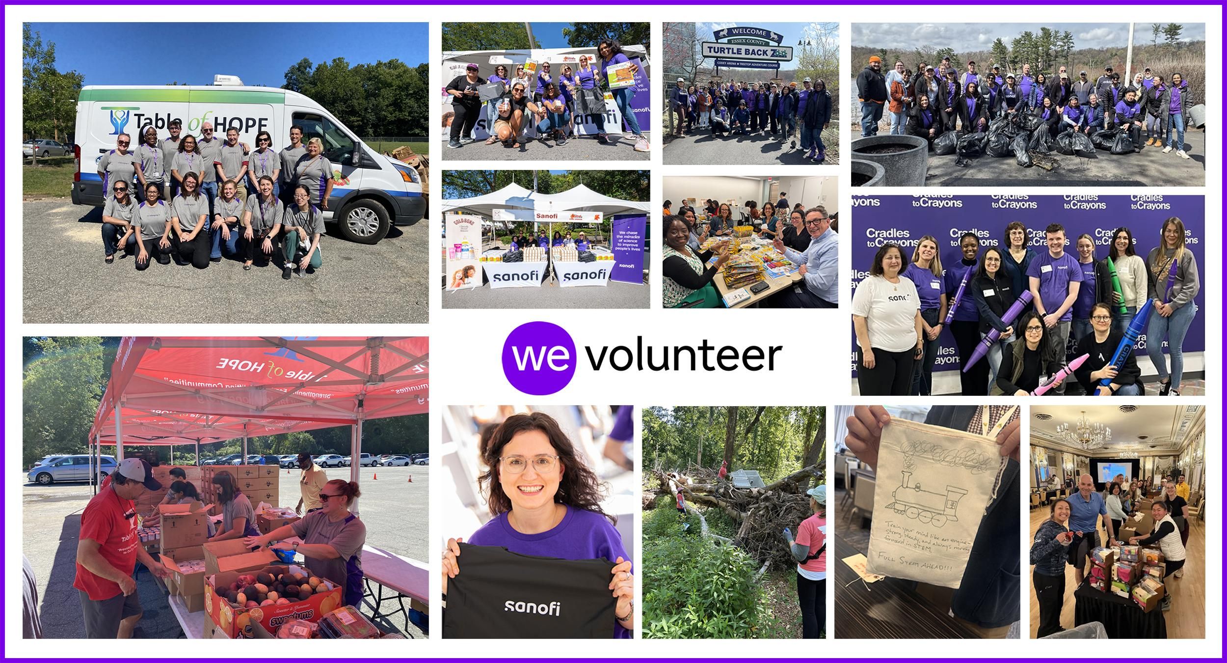 Collage of 12 photos showing Sanofi employees volunteering at various community service events including food distribution, environmental cleanup, and partnerships with organizations like Table of Hope, Cradles to Crayons, and Turtle Back Zoo.