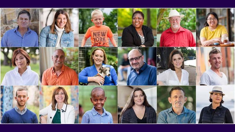 A collage of images featuring headshots of patients who are using Sanofi therapies to treat their diseases.