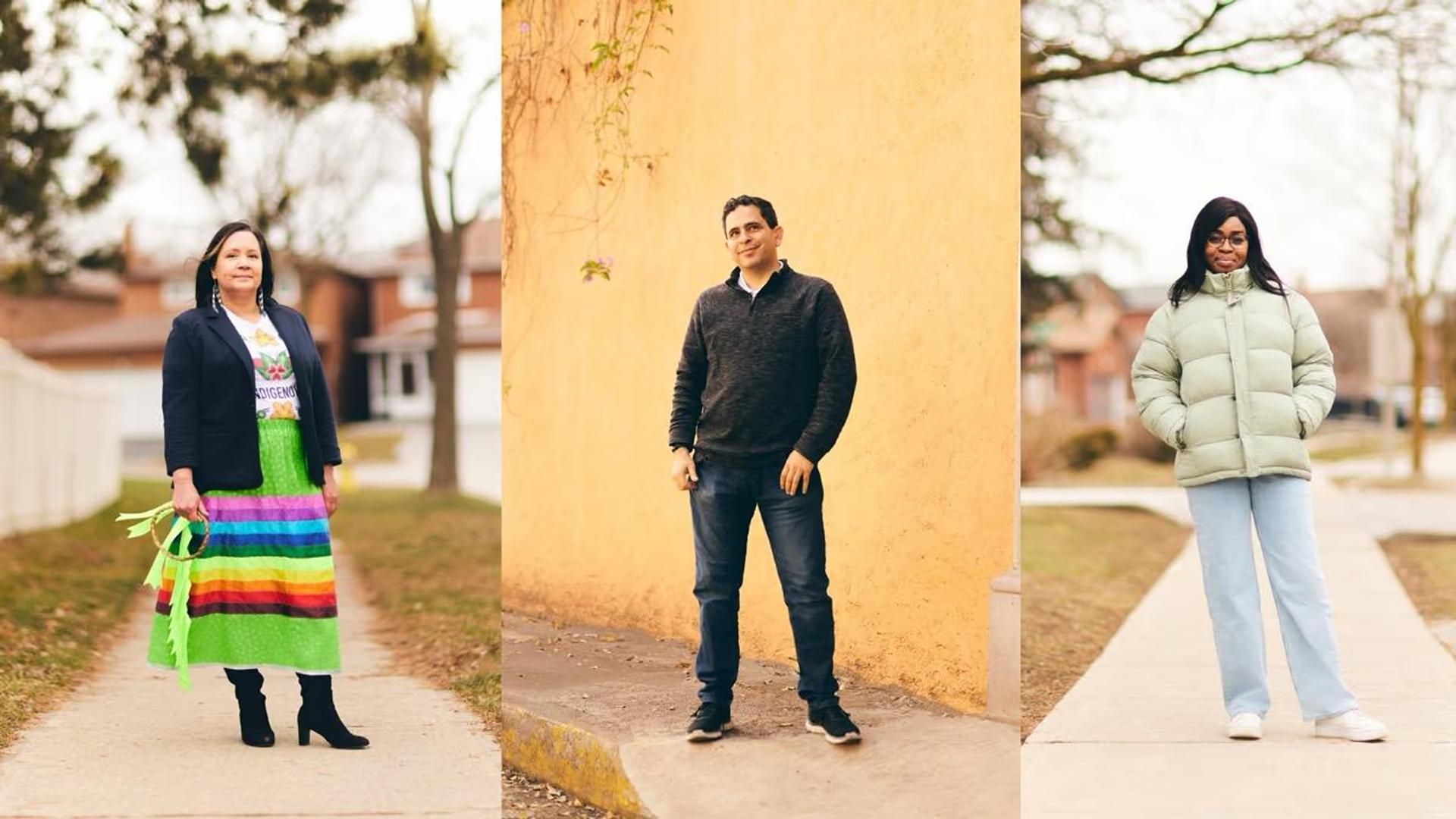 Sanofi employees Angela, Erick and Ama stare at the camera from individual photos formed into a collage.