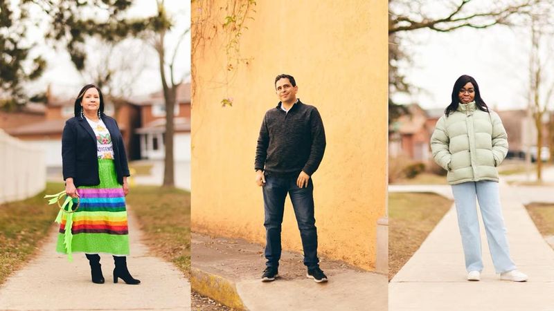 Sanofi employees Angela, Erick and Ama stare at the camera from individual photos formed into a collage.