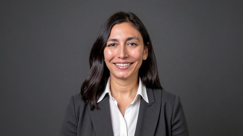 Headshot of Sophie with shoulder length brown hair wearing a white shirt and grey blazer against a dark grey background