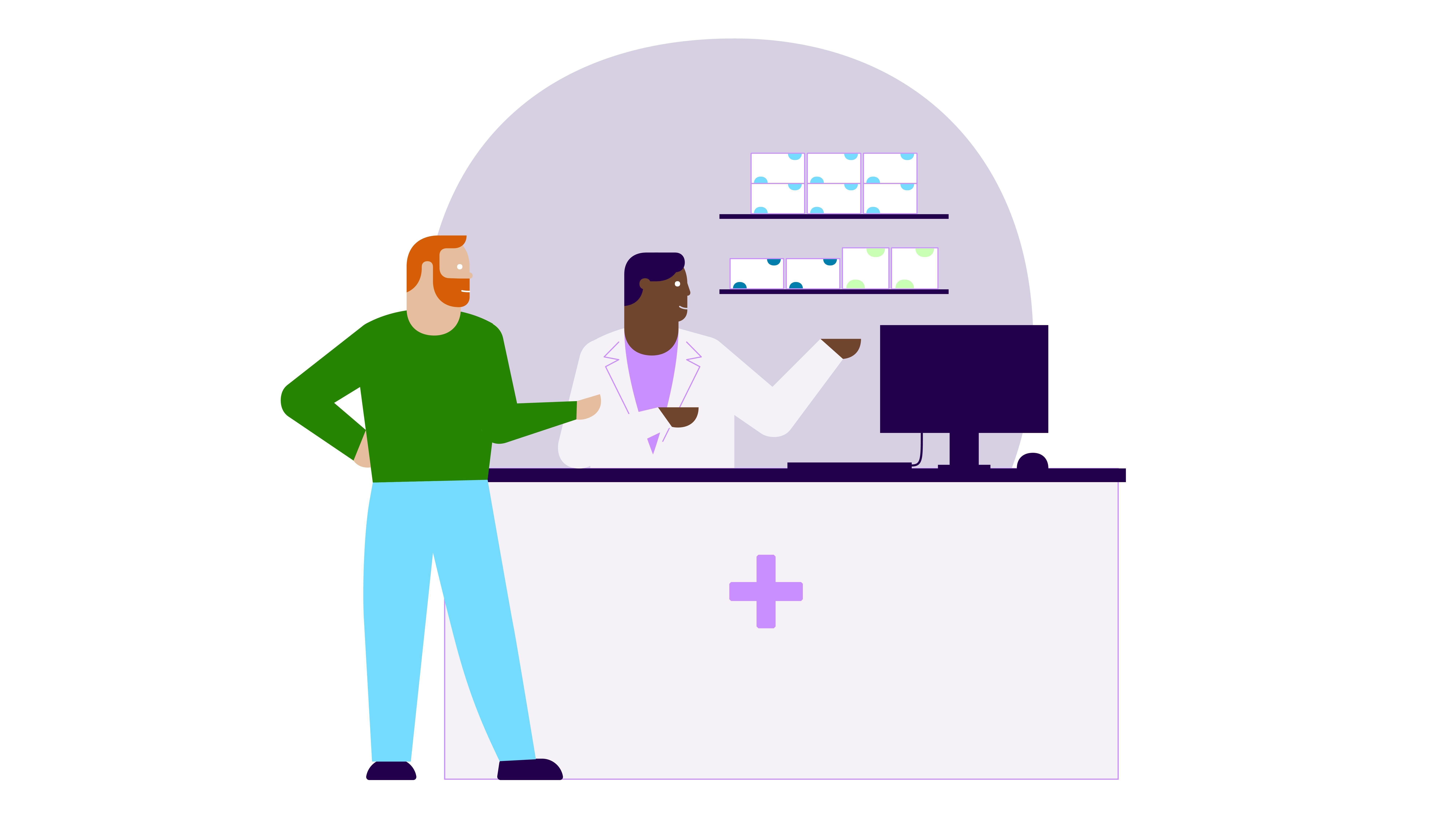 Two people at a medical reception desk with a computer and cross symbol.