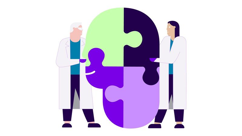 An illustration of two Sanofi scientists holding a silhouetted head made of four different puzzle pieces.